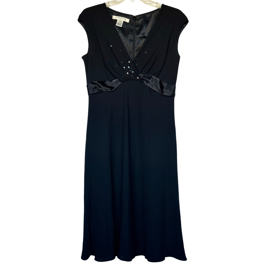 Evan Picone Black Beaded V-Neck Midi Dress Cap Sleeve Satin Trim Classic 10
